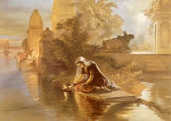 Indische Frau, die Lampen auf dem Ganges schwimmen lässt, aus 